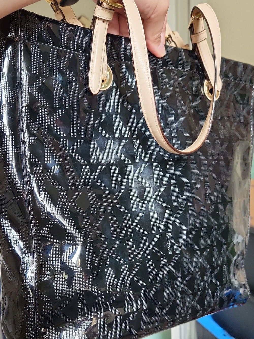 Michael Kors Black Patent Tote with Blush Handles and Gold Hardware